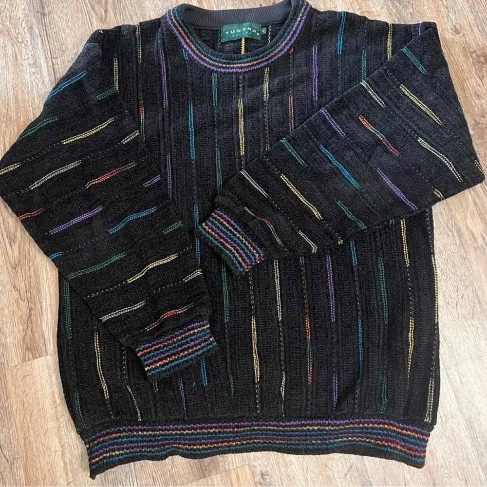 Vintage Tundra Canada • Textured Knit Sweater Men’s Medium Black Multicolor 90s